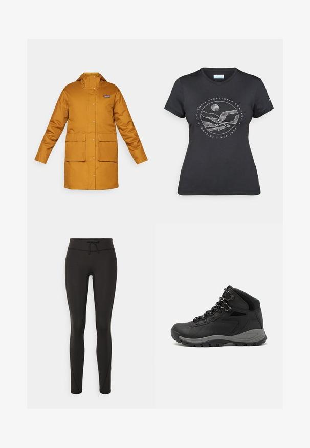 Yellow waterproof coat with a hood, front snap buttons, two large front pockets, and a logo patch on the left side. Smooth texture.; Black Columbia t-shirt with white circular mountain and river line art and text "Columbia Sportswear Company Outside Since 1938."; Black leggings with a high waistband, drawstring, smooth texture, and fitted design. Features stitching details along the sides.; Black hiking boot with a mid-top design, featuring a textured upper, gray accents, and durable rubber sole with traction lugs.
