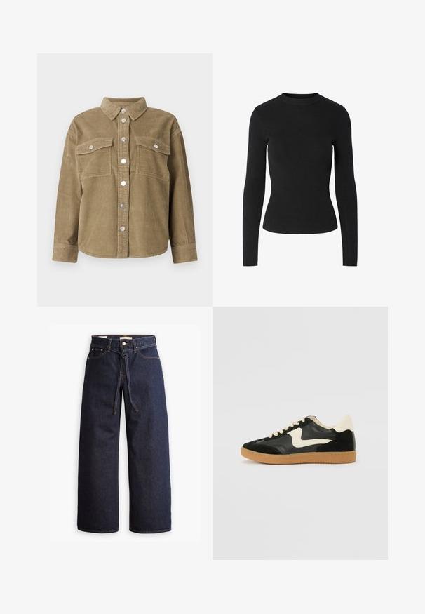 Olive green corduroy shirt jacket with a classic collar, front button closure, two chest pockets, and metallic buttons. Textured fabric.; Black ribbed long-sleeve sweater with a round neckline and fitted silhouette, featuring a smooth texture throughout.; Wide-leg dark blue denim jeans with a high waist, featuring a drawstring tie, five pockets, and contrasting stitching details.; Black suede and leather sneaker with a cream side swoosh and light cream heel. Features beige laces and a gum rubber outsole.