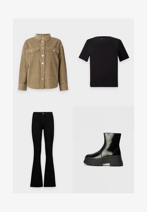 Olivgrön kordflöjeljacka med klassisk krage, framknäppning, två bröstfickor och metallknappar. Strukturerad tyg.; Svart kortärmad t-shirt med rund halsringning, tillverkad i mjukt bomullstyg. Enkelt mönster, utan synliga logotyper eller mönster.; Svarta högmidjade jeans med knäppning och dragkedja, frontfickor och utsvängda ben, liggande platt på en vit bakgrund.; Svart glansig ankelsko med tjock sål och rund tå, sedd från sidan på en enfärgad ljusgrå bakgrund.