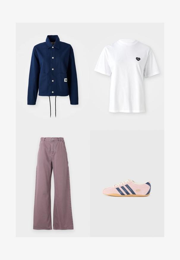 Navy blue jacket in cotton-blend fabric; features a button closure, two front pockets, and a drawstring hem. Subtle branding on the lower pocket.; White short-sleeve t-shirt made of cotton, featuring a small black heart-shaped logo on the left chest area.; Wide-leg pants in dusty mauve cotton, featuring a front button closure, side pockets, and stitched detailing along the seams.; Light pink sneaker made of suede with navy blue stripes and accents. Features a light cream tongue and laces, with a gum rubber sole.