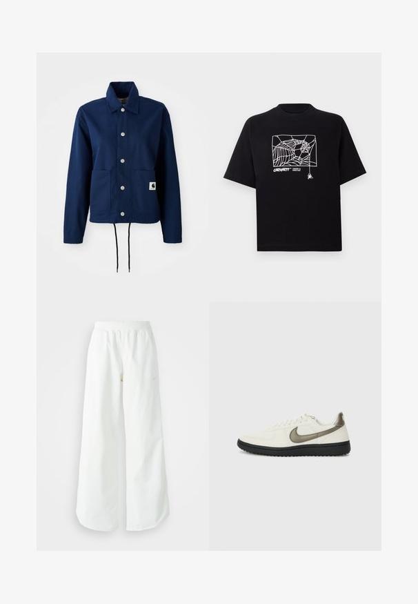 Tumesinine jope puuvilla-segu materjalist; omab nupuga kinnitust, kahte esist taskut ja reguleeritavat alumist äärt. Diskreetne bränding alumisel taskul.; Mustmust särgis, millel on lühikesed varrukad. Esipaneelil on valge ämblikuvõrgu graafika ja logo. Lihtne ümmargune kaelus.; Valged laiad spordipüksid, ribadega vöökoht ja diskreetne logosümbol. Sile kangas, lõdvestatud istuvus ja kitsenev ääreosa.; Nike Sportswear FIELD GENERAL - Tossud - off-white/black