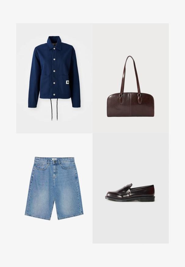 Sötétkék zakó pamutkeverék anyagból; gombos záródással, két elülső zsebbel és húzózsinóros alsó résszel rendelkezik. Diszkrét márkajelzés az alsó zseben.; Fehér, hosszú ujjú póló, pamutból készült, kisméretű narancssárga és bordó Carhartt logóval a mellkason. Kerek nyakú dizájn.; Világoskék farmer rövidnadrág, egyenes szabással, öt zsebes kialakítással és kontrasztos varrással. Gombos és cipzáras záródással rendelkezik.; Burgundi bőr loaferek sima felülettel, kiemelkedő varrással és gumitalppal. Kerek orrú és minimalista fémrészletekkel készült.; Barna bőr kézitáska, két hosszú fülekkel, strukturált, téglalap alakú formával, sima textúrával és lekerekített élekkel. Kiemelő részletek találhatóak a fülön.