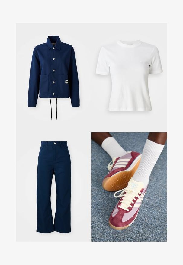 Veste bleu marine en tissu mélange de coton ; dotée d'une fermeture à boutons, de deux poches avant et d'un ourlet à cordon de serrage. Branding subtil sur la poche inférieure.; T-shirt blance à manches courtes en côte, avec un col rond et un petit logo sur la poitrine. Fabriqué en tissu doux avec une coupe ajustée.; Pantalons larges bleu marine en tissu robuste, dotés d'une fermeture à bouton sur le devant et de quatre poches avec une texture lisse.; Baskets avec un design en suède bordeaux et violet clair, dotées de trois rayures blanches, de lacets crème et d'une languette texturée jaune. Semelle en caoutchouc.