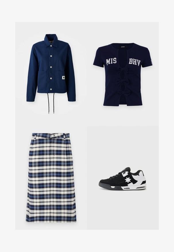 Navy blue jacket in cotton-blend fabric; features a button closure, two front pockets, and a drawstring hem. Subtle branding on the lower pocket.; Navy blue short-sleeved T-shirt with a deep V-neck, featuring the text "MIS BHV." Three bows adorn the front cutouts, made of soft cotton material.; Plaid skirt in navy, white, and gray. Features a straight silhouette, button closure, and subtle texture with grid pattern.; Black and white sneaker with suede and mesh materials. Features a prominent star logo and bold accents on the side, with a cushioned sole.