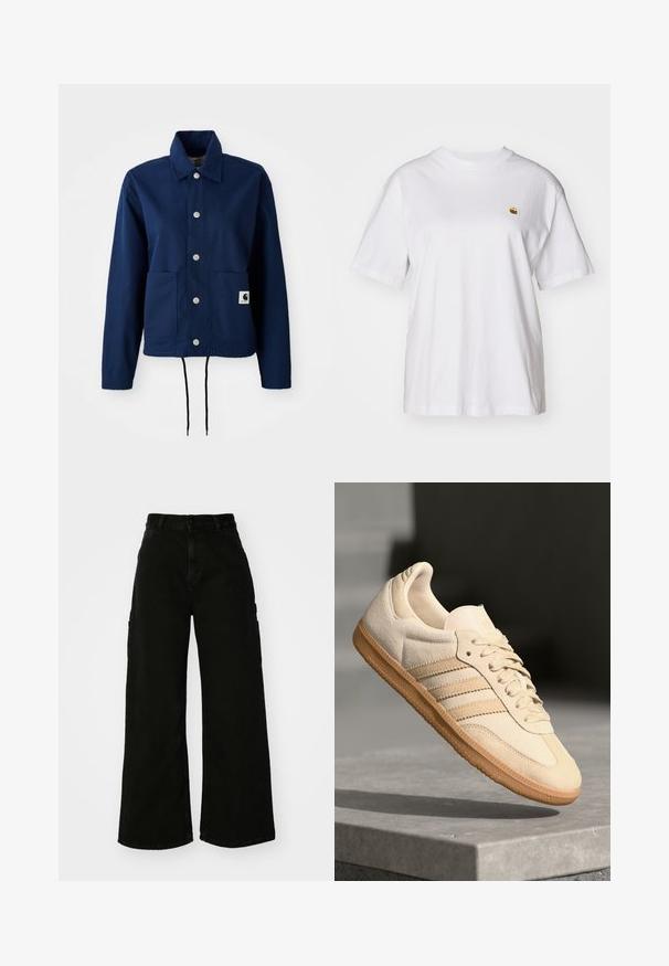 Giacca blu navy in tessuto misto cotone; presenta una chiusura con bottone, due tasche frontali e un orlo con coulisse. Logo discreto sulla tasca inferiore.; Maglietta in cotone bianco con vestibilità rilassata, maniche corte e un piccolo logo ricamato sul lato sinistro del petto.; Pantaloni cargo neri a gamba larga in denim, con vita alta, chiusura frontale con bottone e tasche laterali. Texture liscia con cuciture minime.; Sneaker in suede beige chiaro con suola in gomma, tre strisce diagonali e punta con texture. Presenta il logo sulla linguetta e sul lato.