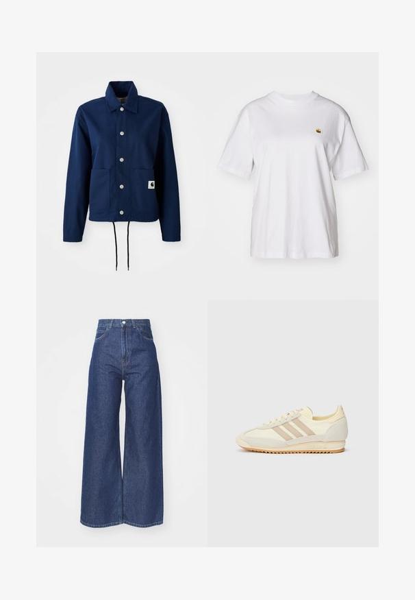 Navyblaue Jacke aus Baumwollmischgewebe; verfügt über einen Knopfverschluss, zwei Fronttaschen und einen Kordelzugsaum. Dezente Markenkennzeichnung auf der unteren Tasche.; Weißes Baumwoll-T-Shirt mit lockerem Schnitt, kurzen Ärmeln und einem kleinen gestickten Logo auf der linken Brustseite.; Hellebeinsjeans aus dunkelblauem Denim. Hohe Taille mit Reißverschluss und Knopfverschluss. Klassische Fünf-Taschen-Optik und gesäumte Kanten.; Cremefarbene sportliche Sneakers mit drei beigen Streifen, aus Wildleder und Textilmaterialien, einer strukturierten Sohle und geprägtem Branding an der Ferse.