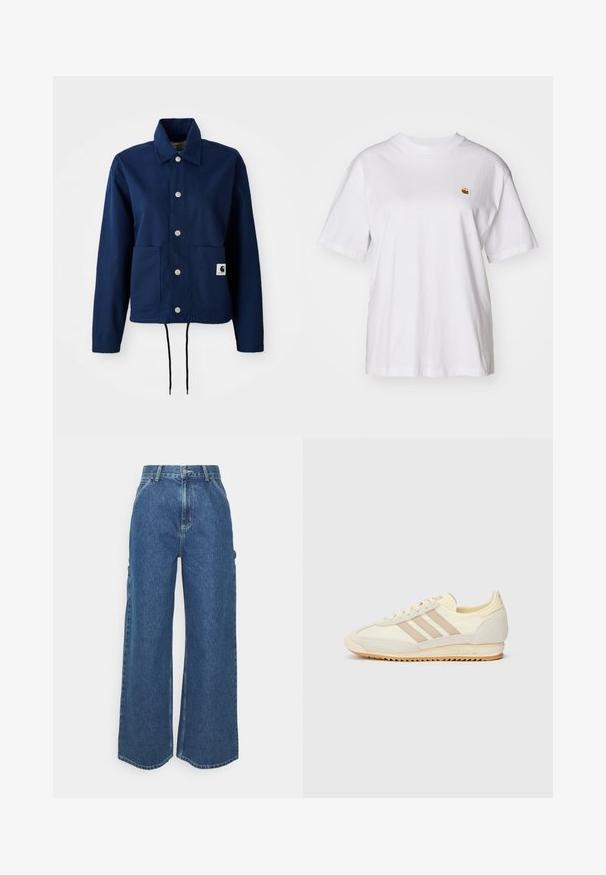 Navyblaue Jacke aus Baumwollmischgewebe; verfügt über einen Knopfverschluss, zwei Fronttaschen und einen Kordelzugsaum. Dezente Markenkennzeichnung auf der unteren Tasche.; Weißes Baumwoll-T-Shirt mit lockerem Schnitt, kurzen Ärmeln und einem kleinen gestickten Logo auf der linken Brustseite.; Weite blaue Denim-Hosen mit hoher Taille, kontrastierenden Nähten und Seitentaschen, ausgestattet mit einem klassischen Five-Pocket-Design und rohen Säumen.; Cremefarbene sportliche Sneakers mit drei beigen Streifen, aus Wildleder und Textilmaterialien, einer strukturierten Sohle und geprägtem Branding an der Ferse.