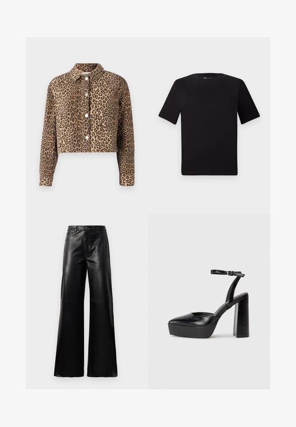 Kratka denim jakna z vzorcem leoparda, z ovratnikom in srebrnimi gumbki na sprednji strani.; Črna majica s kratkimi rokavi in okroglim izrezom, izdelana iz mehkega bombažnega materiala. Preprost dizajn, brez vidnih logotipov ali vzorcev.; Črne široke hlače iz umetnega usnja z visokim pasom, sprednjim gumbom, zadrgo, zanke za pas in stranskimi žepi na beli podlagi.; Črne platforme z visokimi petami in koničastim nosom ter nastavljivim gležnjenjskim trakom. Narejene iz gladke usnje, s kockasto peto.