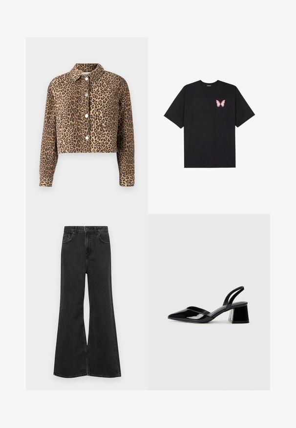 Zkrácená džínová bunda s leopardím potiskem, s límečkem a stříbrnými patentkami na přední straně.; Černé bavlněné tričko s krátkým rukávem, na levém prsou s malou grafikou růžové motýlky. Design s kruhovým výstřihem a volným střihem.; Černé džíny s rozšířenými nohavicemi a vysokým pasem, které mají pět kapes, jemné prošití a zapínání na knoflík vpředu.; Černé lakované kožené lodičky na pásku s špičatou špičkou a geometrickým blokovým podpatkem. Vyznačují se elegantním, minimalistickým designem a hladkým povrchem.