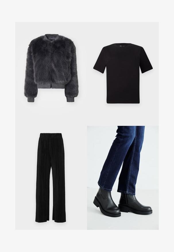 ONLY ONLMANNY - Vinterjakke - thunderstorm; Svart t-skjorte med korte ermer og rund hals, laget av mykt bomullsstoff. Enkelt design, ingen synlige logoer eller mønstre.; Sorte plisserte bukser med elastisk midje. Har vide ben og et glatt, strukturert stoff med vertikale striper.; Sorte lær ankelsko med en kraftig såle og elastiske paneler på siden, kombinert med mørkeblå jeans. Underlaget er lyst.