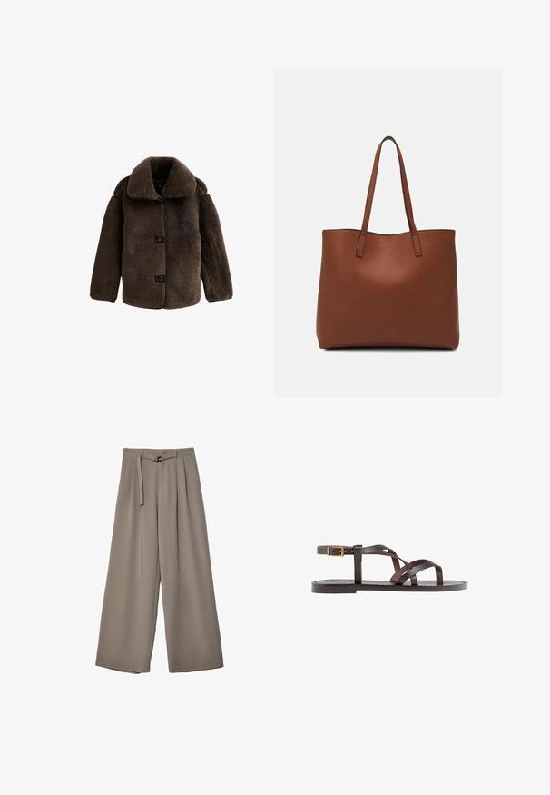 Donkerbruin, pluche, knoopjesjack met een brede kraag en lange mouwen, gefotografeerd tegen een witte achtergrond.; Korte mouwen T-shirt in bruin, gemaakt van een zachte stof, met een ronde halslijn en een relaxte pasvorm. Geen zichtbare patronen of accenten.; Wijd nietenbroeken van een zachte, gedempte grijze stof, met een ceintuur in de taille en plooien voor extra ontwerpelementen. Gladde textuur, geen patronen.; Bruine leren sandaal met kruisingen van banden, een enkelgesp-sluiting en een platte zool met minimale stikdetails.; Bruine leren tote bag met een gladde textuur, een ontwerp met een open bovenkant en twee schouderbanden. Kenmerkt zich door minimale stiksels en geen zichtbare hardware.