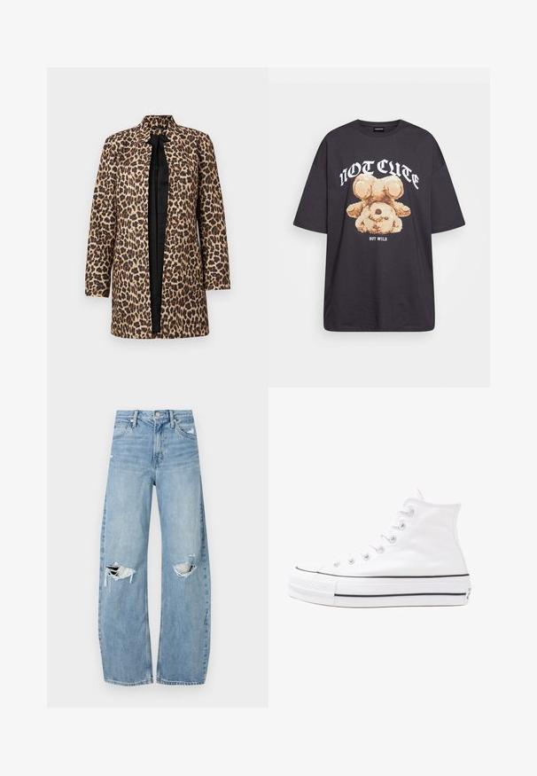 Leopárd mintás kabát gallér nélküli kivitelben, hosszú ujjal és fekete béléssel. Lazább fazonú és egyenes szabású.; Fekete, oversized póló, rajta egy medvével és a "NEM CUKI, HANEM FÉKTELEN" felirattal vastag, fehér betűkkel. Pamut anyag.; Világoskék, magas derekú farmernadrág. Széles lábakkal, két szakadt térddel és klasszikus öt zsebes dizájnnal rendelkezik.; Fehér magaskorsó vászon sportcipő fekete gumi talppal, elülső gumi orrnyereggel és hat fűzőlyukkal, letisztult, minimalista dizájnnal.