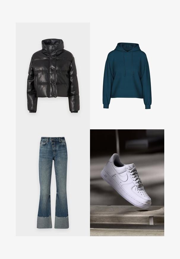 Black cropped puffer jacket in faux leather, featuring a high collar, snap closures, and quilted panels with elasticized cuffs.; Teal pullover hoodie with a drawstring hood, long sleeves, and ribbed cuffs. Made of soft fabric with a relaxed fit.; Denim flared jeans in medium blue with a high waist, five buttons, and frayed hem. Features a lighter cuff at the bottom and faded texture.; Nike Sportswear AIR FORCE 1 07 - Trainers - white
