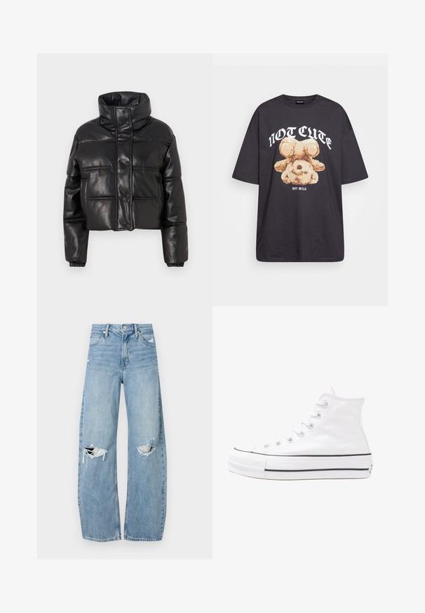 Melnā īsā pūkainā jaka no mākslīgās ādas ar augstu apkakli, spiedpogām un quiltētiem paneļiem ar elastīgām aprocēm.; Melna, pārmērīga t-kreklu, kurā attēlots lācis ar uzrakstu "NAV MIERĪGS, BET VILKIS" treknos baltos burtiem. Izgatavots no kokvilnas materiāla.; Gaiši zili, augstās vidukļa džinsi, kas izgatavoti no denima. Iespējas plašas kājas, divas plēstas ceļa daļas un klasiskā piecu kabatu dizains.; Balti augstie kanvas sporta apavi ar melnu gumijas zoli, priekšējo gumijas purngalu un sešām acīm lencēm, kuriem ir tīrs, minimālistisks dizains.