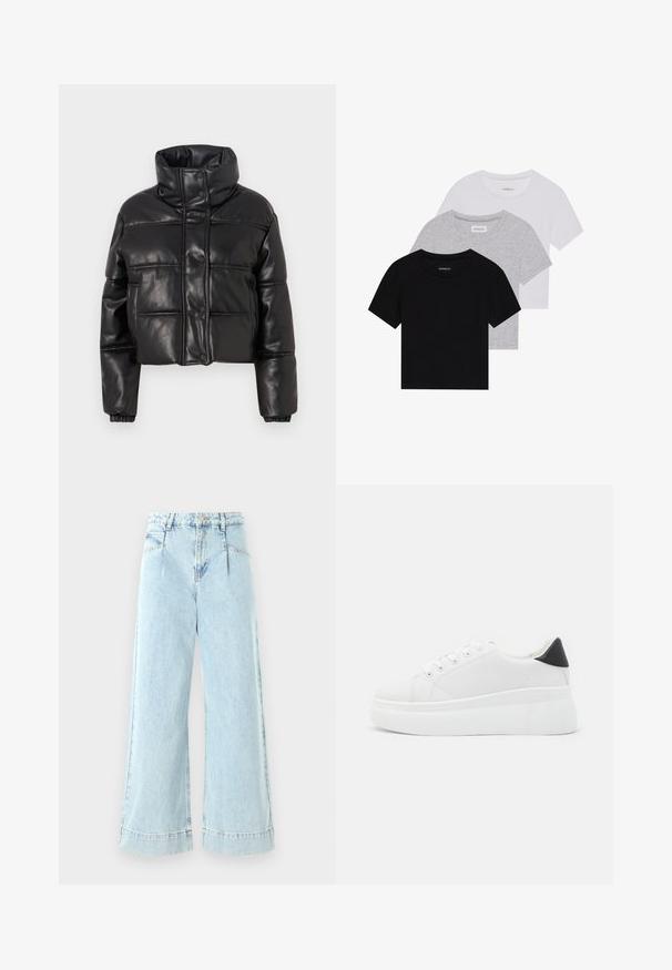 Čierna skrátená puffová bunda z faux kože, s vysokým golierom, patentkami a prešívanými panelmi s elastickými manžetami.; Sada troch tričiek s krátkym rukávom v čiernej, šedej a bielej farbe. Vyrobené z bavlny, s okrúhlym výstrihom a jednoduchým, jednofarebným dizajnom.; Svetlo modré široké džínsy z denimu, s vysokým pásom, prednými vreckami a prešitými detailmi na leme.; Biele platformové tenisky vyrobené z hladkého syntetického materiálu, so zaoblenou špičkou, šnurovacím dizajnom a textúrovanou gumovou podrážkou. Čierny akcent na päte.