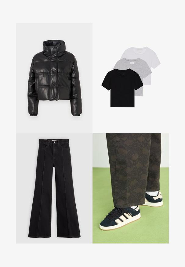 Svart kort puffjakke i imitert lær, med høy krage, trykknapper og quiltede paneler med elastiske mansjetter.; Sett med tre kortermede t-skjorter i svart, grått og hvitt. Laget av bomull, med rund hals og en enkel, ensfarget design.; Svart høy midje vide ben jeans med sømdetaljer foran, knappelukking, beltehemper og frontlommer på en enkel lys bakgrunn.; Sorte og mønstrede bukser kombinert med marineblå suedesko med kremfargede striper og hvite såler. Overflatene som vises er teksturerte og flate.
