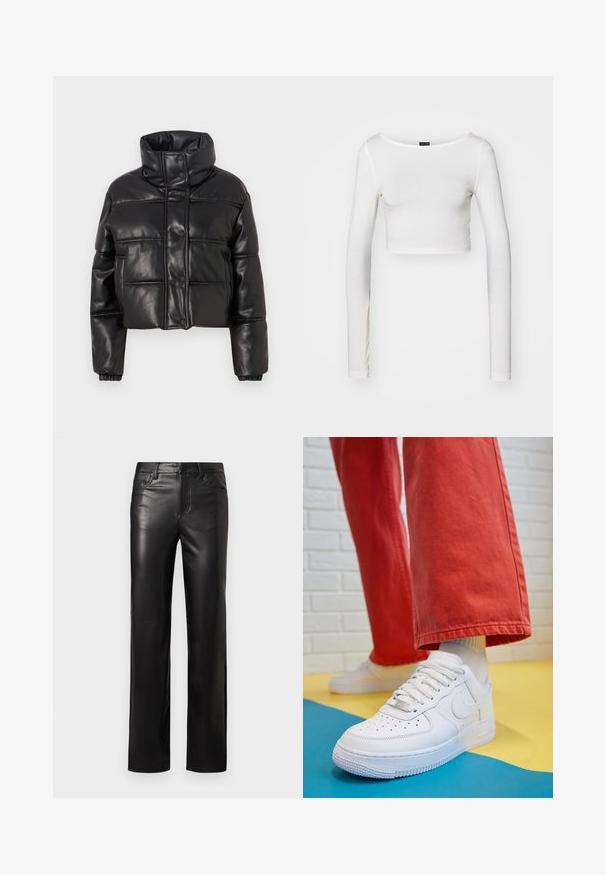 Zwarte cropped pufferjack in faux leather, met een hoge kraag, drukknoopsluitingen en gequiltte panelen met elastische manchetten.; Gina Tricot SOFT TOUCH CROPPED TOP - Longsleeve - pristine; Zwarte leren broek met een rechte snit, voorzien van een knoopsluiting en voorzakken. Soepele textuur met subtiele stikdetails.; Witte leren sneaker met geperforeerde teenbox, gestructureerde zool en witte veters, gecombineerd met wijde rode broeken en een blauw-geel achtergrond.