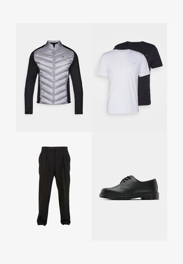 Podložena jakna s srebrno, prešito sprednjo stranjo in črnimi pletenimi rokavi. Ima visok ovratnik, zadrgo na sprednji strani in logo na prsih.; Dve bombažne majice v beli in črni barvi, kratke rokave z okroglimi ovratniki, ki imata na prsih majhen logotip, gladka tekstura.; Črne hlače iz gladkega materiala, s sprednjimi gubami, gumba na pasu in ozkimi manšetami na gležnjih. Klasična krojena silhueta.; Črne usnjene oksford čevlje z vezalkami, zaobljenim prstom, ravnim gumijastim podplatom in diskretnim šivanjem po zgornjem delu.