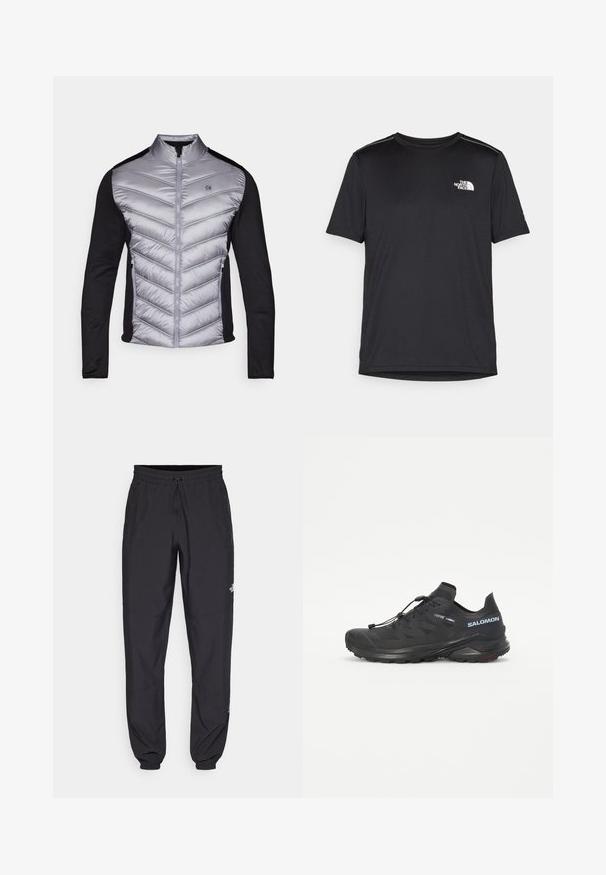 Pūšamu jaka ar sudraba krāsas, iešūtiem priekšējiem paneļiem un melnām adītām piedurknēm. Iezīmē augsts apkakle, rāvējslēdzējs priekšā un logo uz krūtīm.; Melnas īsām piedurknēm T-kreklas, izgatavots no viegla auduma. Uz kreisā krūtīm ir neliels balts logo un smalki plecu akcenti.; Melni sporta bikses, kas izgatavotas no viegla auduma, ar savelcamu jostu, sānu kabatām un sašaurinātiem apakšējiem galiem pie potītēm.; Melna taku skriešanas apava ar teksturētu augšdaļu, elastīgām auklām un Contagrip zoli. Iekļauj ciešu piegulšanu un aizsargājošu pirkstu daļu.