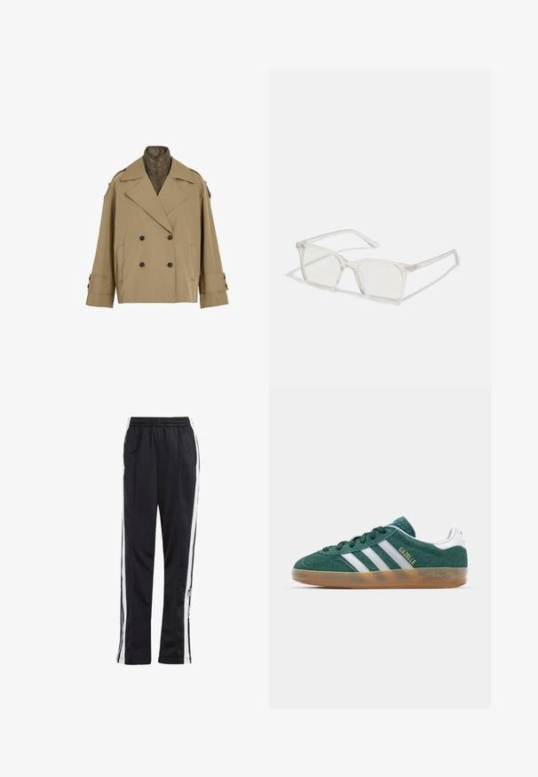 Khaki, podwójnie zapięta kurtka z dużymi klapami i pikowaną podszewką. Posiada czarne guziki, kieszenie boczne i klasycznie złożone mankiety.; Szara bluza z kapturem zapinana na zamek, z dużym kapturem, luźnym krojem, kieszenią typu kangur, ściągaczami na mankietach i dole. Wykonana z miękkiej, teksturowanej bawełnianej tkaniny.; Biała bawełniana koszulka na ramiączkach z szerokimi paskami, okrągłym dekoltem i gładką, prążkowaną strukturą. Brak wzorów i akcentów.; Czarne spodnie dresowe z białymi paskami po bokach, elastycznym paskiem w talii i naszywką z logo. Wykonane z gładkiego, lekkiego materiału. Prosta nogawka.; Zielone zamszowe sneakersy z białymi paskami i złotym napisem "Gazelle". Posiadają gumową podeszwę i wyściełany kołnierz dla komfortu.; Przezroczyste, kwadratowe okulary z plastiku z półprzezroczystymi soczewkami, z złotymi akcentami na zausznikach dla dodatkowego wykończenia.