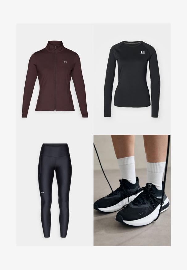 Under Armour MOTION JACKET - Bluză de trening - brown obsidian/white; Cămașă sport cu mâneci lungi, neagră, realizată dintr-un material neted, având un decolteu rotund și un mic logo alb pe pieptul stâng.; Colanți negri dintr-un material neted și elastic, cu un brâu înalt. Prezentând un logo alb pe cuartul stâng și un design ajustat.; Căști atletice negre cu țesătură texturată, talpă albă și șireturi negre. Purtați cu șosete albe cu riflaje, stând pe o suprafață deschisă.