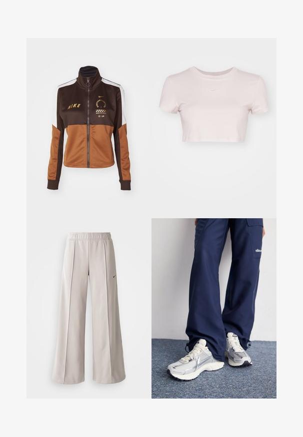 Nike Sportswear Tréning dzseki - brown/light british tan/sail; Rövid ujjú, világos rózsaszín, vágott póló, puha anyagból készült. Kerek nyakkivágással és kis fehér Nike logóval rendelkezik a mellrészen.; Világosszürke, bő szabású nadrág sima anyagból. Gumírozott derékrésszel és fekete Nike logóval a bal oldalon.; Nike sportcipők ezüst hálós felsőrésszel, fehér kiegészítőkkel és texturált talppal, lazán illeszkedő sötétkék nadrággal párosítva.