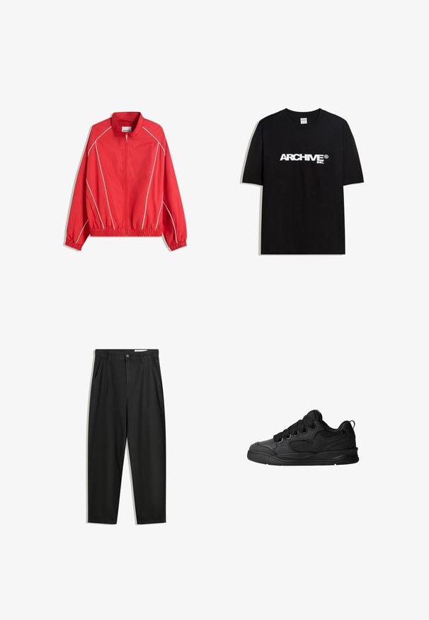 Red lightweight jacket with a high collar, full zipper, elastic cuffs, and hem, featuring white piping along the sides.; Black cotton T-shirt featuring a white "ARCHIVE inc." logo across the chest, short sleeves, and a crew neckline.; Black cotton trousers with a relaxed fit, featuring a classic waistband, front pleats, and side pockets. Smooth texture without patterns.; Black sneakers with a textured upper, featuring laces, mesh accents for breathability, padded collar, and a sturdy outsole.