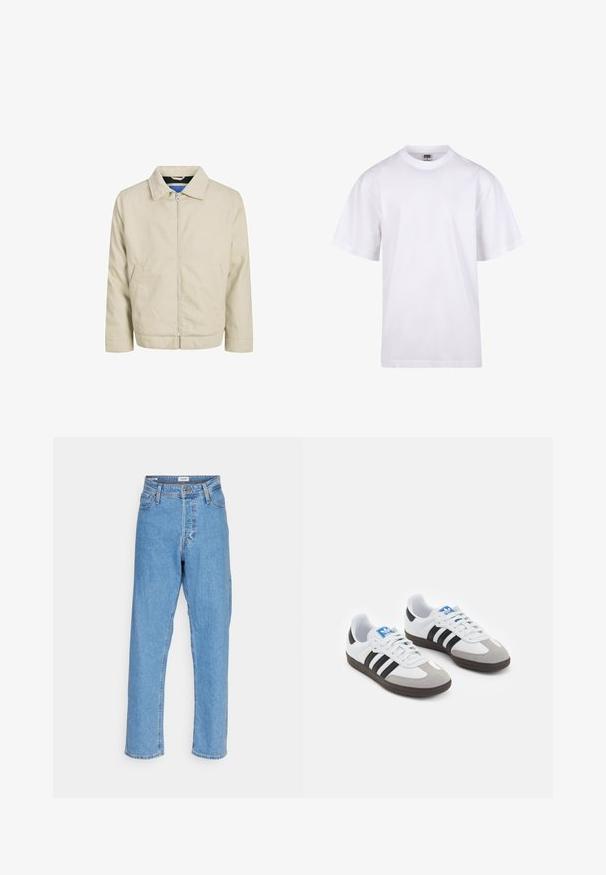 Beige zip-up jacket with a collar, two front pockets, and a straight cut. Interior features contrasting blue lining. Made from lightweight fabric.; White cotton t-shirt with a crew neckline, short sleeves, and a relaxed fit. Features plain design without patterns or accents.; Light blue high-waist straight-leg jeans with front button, zipper closure, belt loops, and five-pocket design on white background.; Sport shoes with a white leather upper, gray suede toe, and three black stripes. Features a blue logo on the tongue and a textured rubber sole.