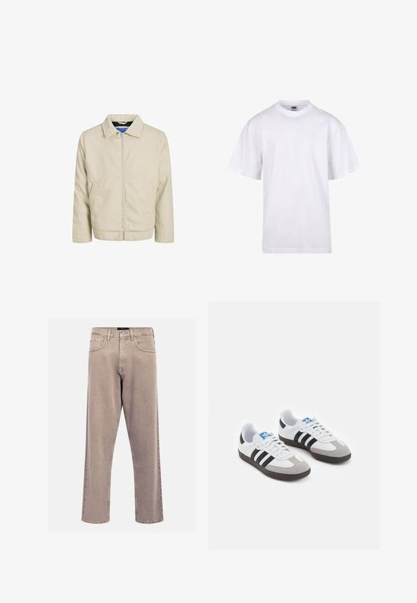 Šviesiai ruda zip-up striukė su apykakle, dviem priekinėmis kišenėmis ir tiesiu siluetu. Viduje yra kontrastinga mėlyna pamušalo medžiaga. Pagaminta iš lengvos medžiagos.; Balta medvilnės marškinėliai su apvaliu iškirpimu, trumpomis rankovėmis ir laisvu siluetu. Turi paprastą dizainą be raštų ar akcentų.; Bežinės tiesių kojų džinsai, pagaminti iš džinsinio audinio, su klasikinio penkių kišenių dizainu, siuvinėjimo akcentais ir tvarkingai apdirptu kraštu.; Sportiniai batai su balta odine viršutine dalimi, pilku zomšiniu priekiu ir trimis juodomis juostelėmis. Ant liežuvio yra mėlynas logotipas, o padas pagamintas iš tekstūruoto gumos.