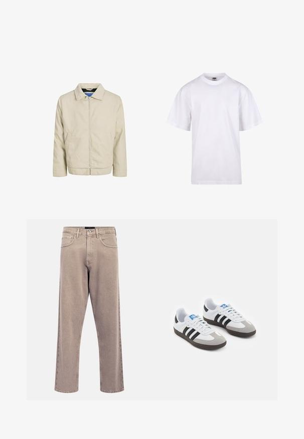 Giacca beige con zip, colletto, due tasche frontali e untaglio dritto. L'interno presenta una fodera blu a contrasto. Realizzata in tessuto leggero.; T-shirt bianca in cotone con scollatura a girocollo, maniche corte e vestibilità rilassata. Presenta un design semplice senza motivi o accenti.; Jeans beige chiaro a gamba dritta con una texture leggermente sbiadita, design a cinque tasche e chiusura con bottone metallico. Dettagli di cuciture evidenti.; Scarpe sportive con tomaia in pelle bianca, punta in suede grigia e tre strisce nere. Presentano un logo blu sulla linguetta e una suola in gomma testurizzata.