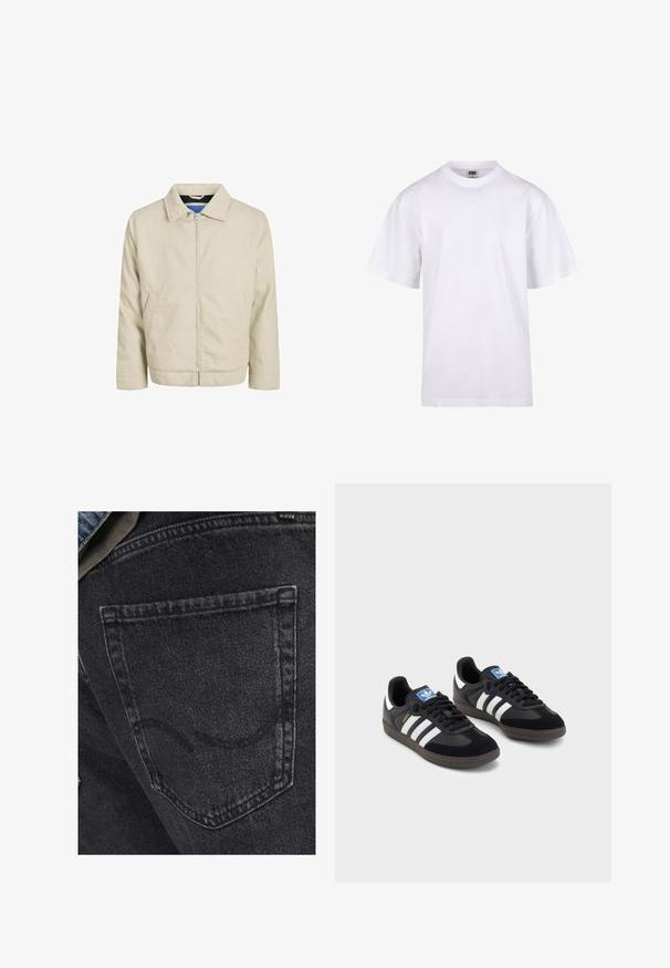 Beige ritsjack met een kraag, twee voorzakken en een rechte snit. Binnenkant heeft een contrasterende blauwe voering. Gemaakt van lichtgewicht stof.; Witte katoenen t-shirt met een ronde hals, korte mouwen en een relaxte pasvorm. Heeft een eenvoudig ontwerp zonder patronen of accenten.; Zwarte denim jeans met een achterzak en subtiele stikdetails. De textuur is iets versleten met een zachte, vervaagde afwerking.; Zwarte sneakers met een bovenwerk van suède en synthetisch materiaal, voorzien van drie witte strepen, een gestructureerde rubberen zool en een blauw logo-label op de tong.