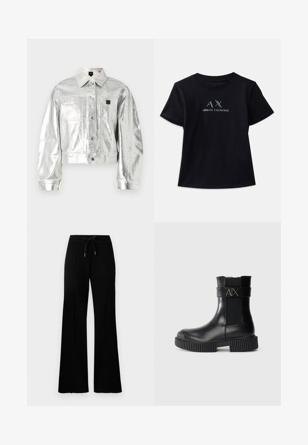 Ezüst fényű, rövidített farmerdzseki hosszú ujjal, két elülső zsebbel, gombos záródással és márkás folttal a bal mellen.; Fekete, rövid ujjú póló, kerek nyakkivágással. Az "AX" logó és az "ARMANI EXCHANGE" felirat kontrasztos fehér és fémszínekben található. Puha anyagból készült.; Fekete, bő lábú melegítőnadrág, befestett derékkal, oldalsó hasítékokkal, puha anyagból készült, letisztult dizájnnal.; Fekete bokacsizma fényes bőrből, elasztikus oldalsó panelekwith. Jellemzője egy vastag bordázott talp és egy pánt az "AIX" logóval.