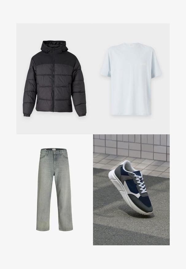 Black puffer jacket with a hood, featuring a zip front, elastic cuffs, and a quilted design. Upper section is smooth fabric.; Light blue cotton t-shirt with a crew neckline and short sleeves. Features a small white logo on the left chest area. Smooth texture.; Light gray, loose-fitting jeans made of denim. Features a classic five-pocket design, belt loops, and a straight leg silhouette.; Sneaker featuring a navy blue mesh upper, gray suede accents, white rubber sole, and flat white laces, designed for comfort and breathability.