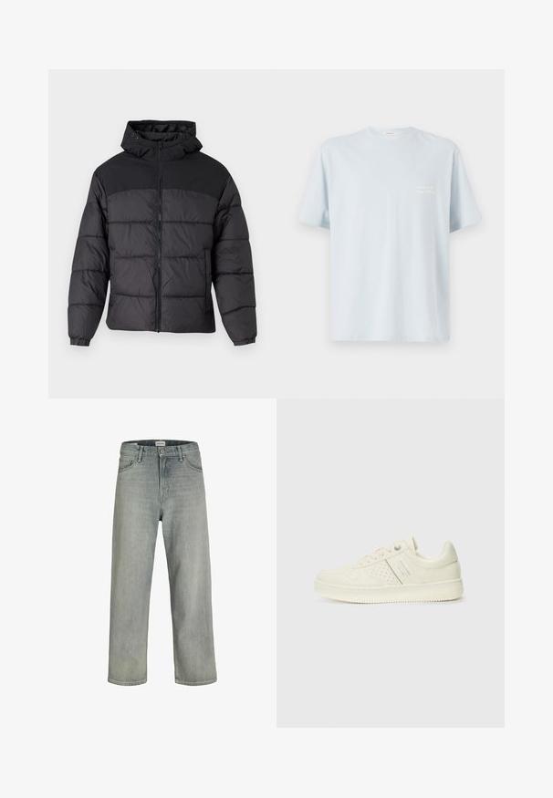 Geacă puffer neagră cu glugă, cu fermoar în față, manșoane elastice și un design matlasat. Secțiunea superioară este dintr-un material neted.; Tricou din bumbac de culoare albastru deschis, cu guler rotund și mâneci scurte. Prezintă un mic logo alb în zona stângă a pieptului. Textură netedă.; Jeans decolorate, cu croială confortabilă, realizate din denim. Prezentă un design clasic cu cinci buzunare, bucle pentru curea și o siluetă dreaptă.; Adidași crem cu detalii perforate, șireturi și logo pe lateral, expuși pe un fundal alb simplu.