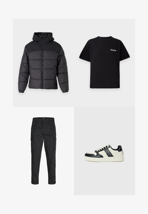 Sort pufferjakke med hætte, med lynlåslukning, elastiske manchetter og en quilted design. Øverste sektion er lavet af glat stof.; Sort bomulds T-shirt med rund halsudskæring, korte ærmer og lille hvid logo tekst på venstre bryst. Enkel design, klassisk pasform.; Sorte cargo-bukser lavet af slidstærkt stof, der har flere lommer, en knaplukning og et slim fit design med smalle ben.; Lædersneakers i sort og creme farveskema, med perforerede detaljer, en polstret krave og en struktureret ydersål.