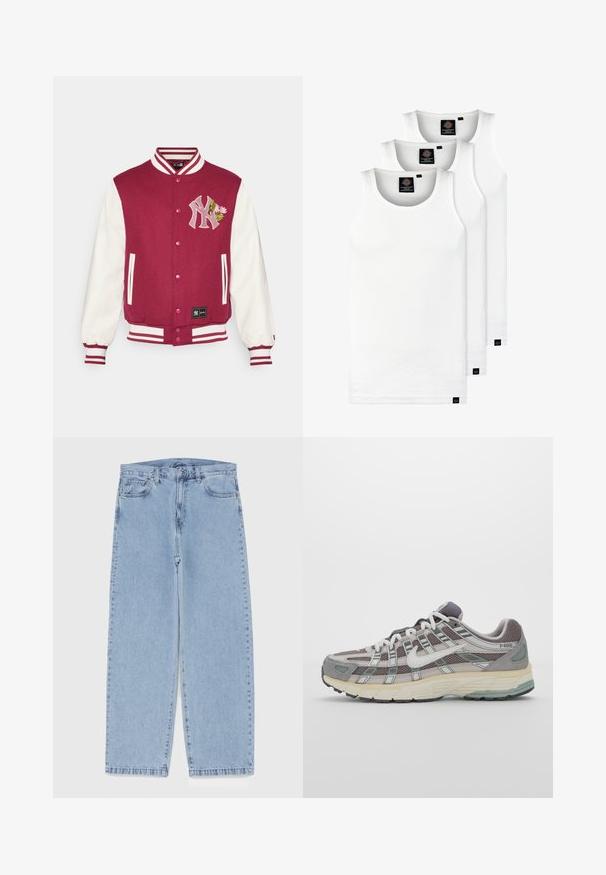 Bordo universiteto striukė su baltomis rankovėmis, turinti pilką siuvinėtą logotipą ir gėlių akcentą. Raukšlėtos rankogaliai ir apačia, mygtukų užsegimas.; Trys balti, dryžuoti marškiniai be rankovių, pagaminti iš medvilnės. Yra apvalus kaklas ir maži juodi etiketės netoli siūlės. Siūlomi įvairių dydžių.; Šviesiai mėlyni džinsai su tiesiomis kojomis, turintys vidutinio aukščio juosmenį, penkias kišenes ir mygtuko bei užtrauktuko uždarymą.; Pilkas sportinis batas su tinklu ir zomšos viršutine dalimi, baltomis detalėmis, paminkštintu padu ir išskirtiniu dizainu su atspindinčiais elementais.