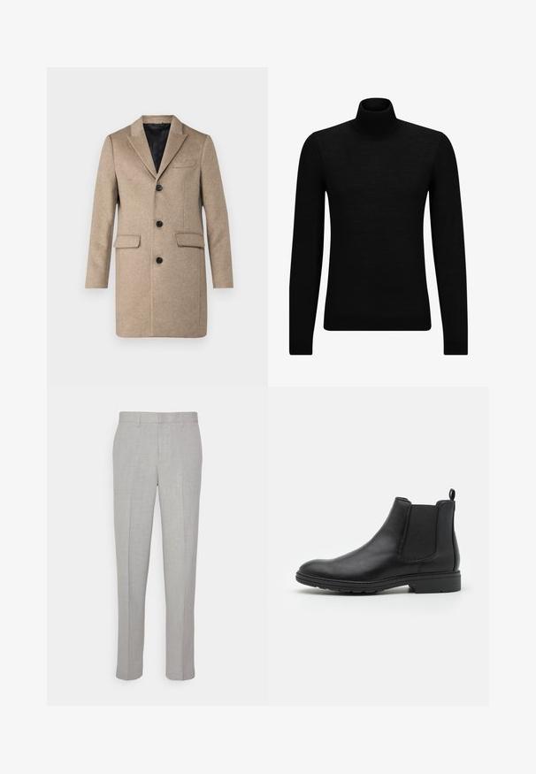 Cappotto in lana beige con rever a punta, chiusura a tre bottoni, due tasche frontali e una fodera interna nera liscia.; Maglione a collo alto nero realizzato in materiale morbido, con maniche lunghe e vestibilità aderente. Bordo a coste all'orlo e ai polsini. Design semplice.; Pantaloni grigi chiari con una texture liscia, frontale piatto e gambe dritte. Realizzati in tessuto traspirante, dotati di tasche interne e passanti per cintura.; Stivale Chelsea in pelle nera con pannelli laterali elasticizzati e un ciondolo sul tallone, caratterizzato da una punta arrotondata e una suola in gomma testurizzata.