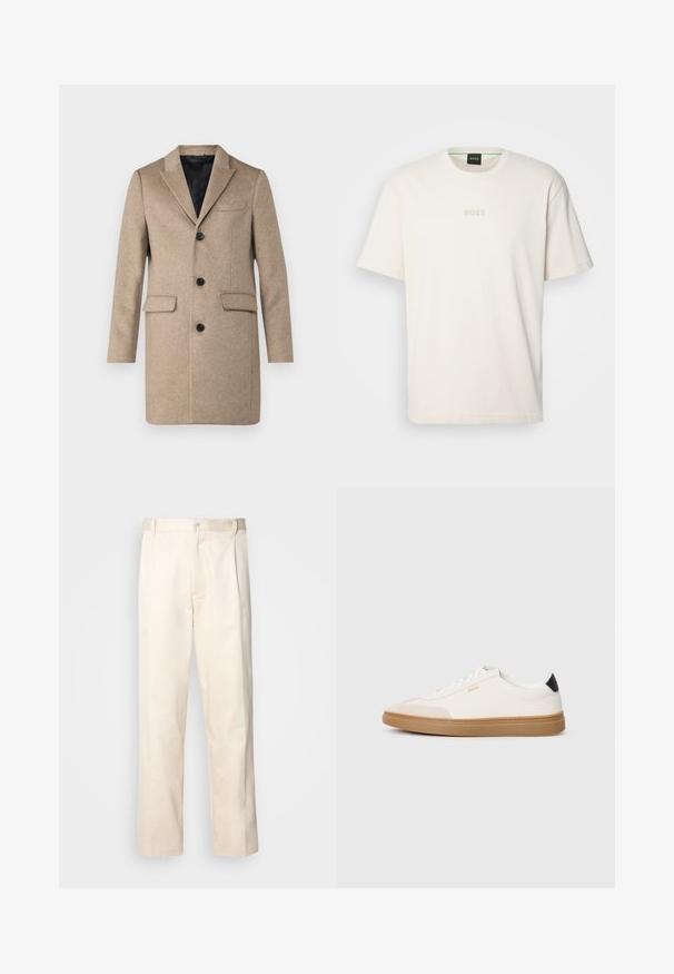 Beige ullfrakk med notched rever, tre knapper foran, to frontlommer og en glatt svart innvendig fôr.; BOSS TEE - T-shirts - open white; Beige bomullsbukser med rett benfatt, med knappelukking og folder foran for ekstra detaljer.; Hvite sneakers med beige detaljer, glatt skinn-overdel, avrundet tå og gummisåle, med en svart hæltapp og subtil merkevare.