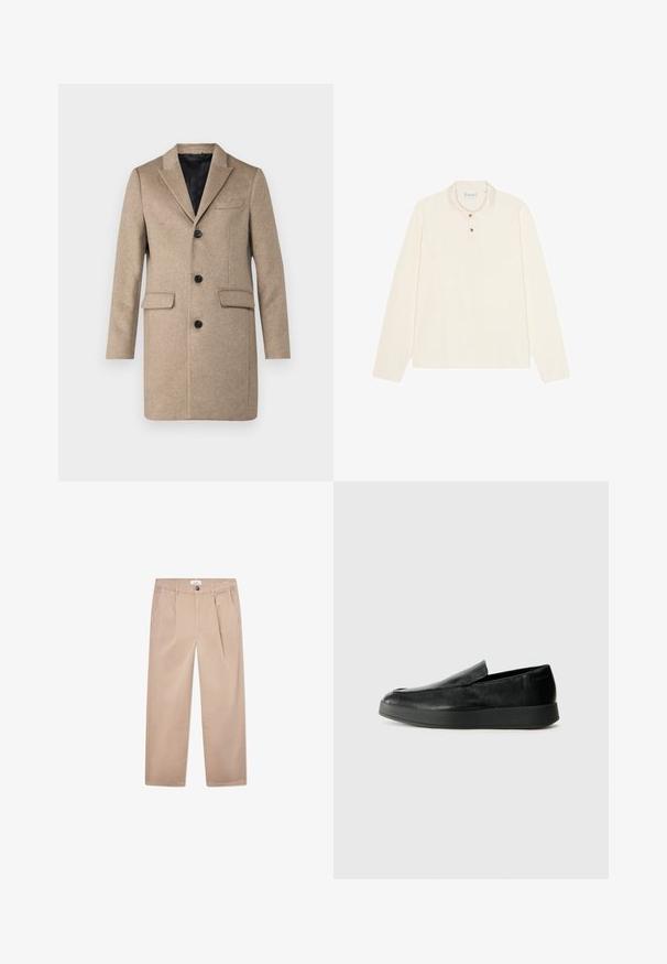 Cappotto in lana beige con rever a punta, chiusura a tre bottoni, due tasche frontali e una fodera interna nera liscia.; Polo a maniche lunghe color crema, con colletto piatto, chiusura a placca con tre bottoni in tonalità oro e un tessuto morbido e strutturato.; Pantaloni khaki in cotone con design a gamba dritta, dotati di due tasche frontali, chiusura con bottone e vestibilità classica.; Calvin Klein HYBRID CUP - Scarpe senza lacci - triple black