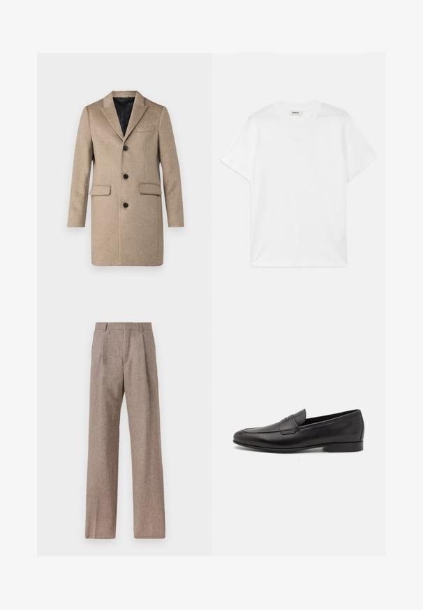 Abrigo de lana beige con solapas acentuadas, cierre de tres botones, dos bolsillos frontales y forro interior negro liso.; Camiseta de algodón blanca con cuello redondo, mangas cortas y un logotipo sutil impreso en el frente. Textura suave y diseño simple.; Pantalones marrones de cintura alta hechos de una tela texturizada. Presentan piernas anchas y dos pliegues frontales para dar estructura. Acabado limpio sin hardware visible.; Mocasín negro de cuero para hombres con un tacón bajo y un diseño clásico de cinta para monedas, mostrado en perfil lateral sobre un fondo blanco.