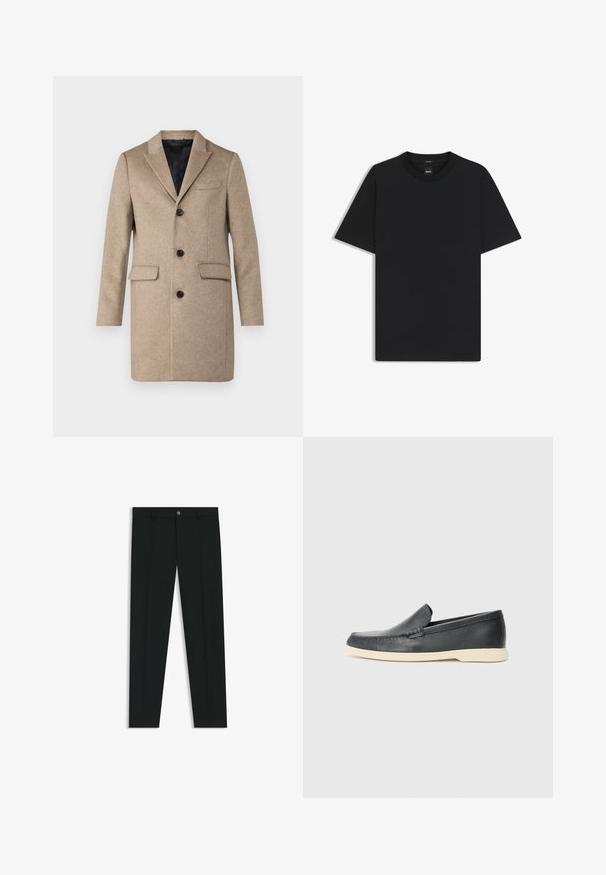 Beige uldfrakke med spids revers, tre knaplukninger, to forlommer og en glat sort indvendig foring.; Sort kortærmet T-shirt lavet af en glat bomuldsblanding, med en rund halsudskæring og et minimalistisk design uden mønstre eller accenter.; Sorte dressbukser med lige ben-design, lavet af glat stof. Har en frontlukning med knap og bæltestropper. Enkle uden mønstre.; Sorte læder slip-on loafers med en struktureret overflade og en kontrasterende beige gummisål. Har en subtil detalje langs forsiden.
