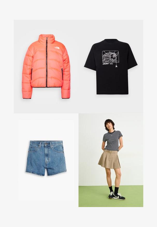 Chumáčková oranžová bunda s vysokým límcem, předním zipem a černými detaily. Disponuje dvěma bočními kapsami na zip a prošívanou texturou.; Černé tričko vyrobené z bavlny s krátkými rukávy. Na přední straně má bílé grafické zobrazení pavučiny a logo. Jednoduchý kulatý výstřih.; Džínové šortky v světle modré barvě, s pěti kapsami, zipovým zapínáním a knoflíkovým uzávěrem. Lem je roztrhaný s uvolněným střihem.; Pruhované černobílé tričko, béžová skládací sukně, černé tenisky s bílými akcenty, nošeny s černými kotníkovými ponožkami.