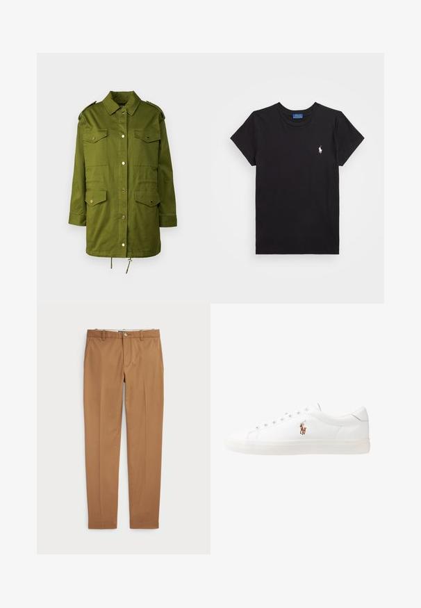 Zelená, dlhá vojenská bunda s dlhými rukávmi vyrobená z bavlny. Obsahuje dve náprsné vrecká, cvoky, epolety a šnúrku na spodnom leme.; Čierne bavlnené tričko s okrúhlym výstrihom, krátkymi rukávmi a bielou vyšívanou značkou na ľavej hrudi. Hladká textura, ležérny dizajn.; Hnedé bavlnené nohavice so slim-fit strihom, plochým predným dielom a štandardnými vreckami; hladká textúra a obháčkované manžety.; Biele kožené tenisky s nízkym strihom, s hladkou textúrou, okrúlym špičkou, šnurovaním vpredu a malým vyšitým logom na boku.