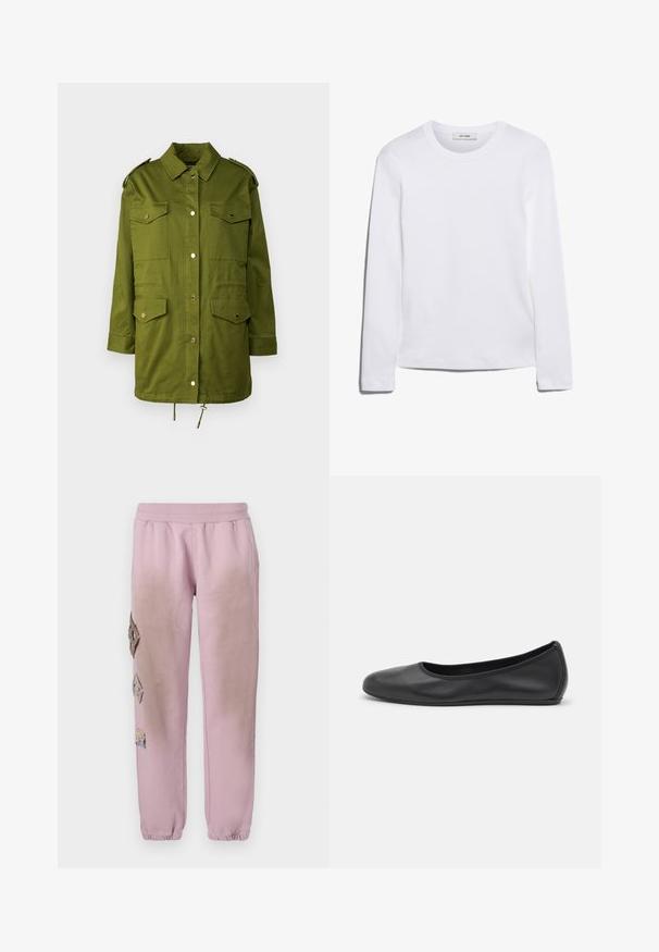 Zielona, długozasłonięta kurtka wojskowego stylu wykonana z bawełny. Posiada dwie kieszenie na piersi, zatrzaski, pagony i sznurek na dole.; Biała koszulka z długim rękawem wykonana z prążkowanej bawełny, z okrągłym dekoltem i prostym dołem. Prosty design bez wzorów i akcentów.; Różowe dresy z elastycznym pasem, zdobione dekoracyjnymi łatkami w kształcie diamentów po lewej stronie oraz elastycznymi mankietami na kostkach.; Czarne skórzane baletki z zaokrąglonym noskiem, gładką fakturą, minimalnymi przeszyciami i elastycznym designem podeszwy.