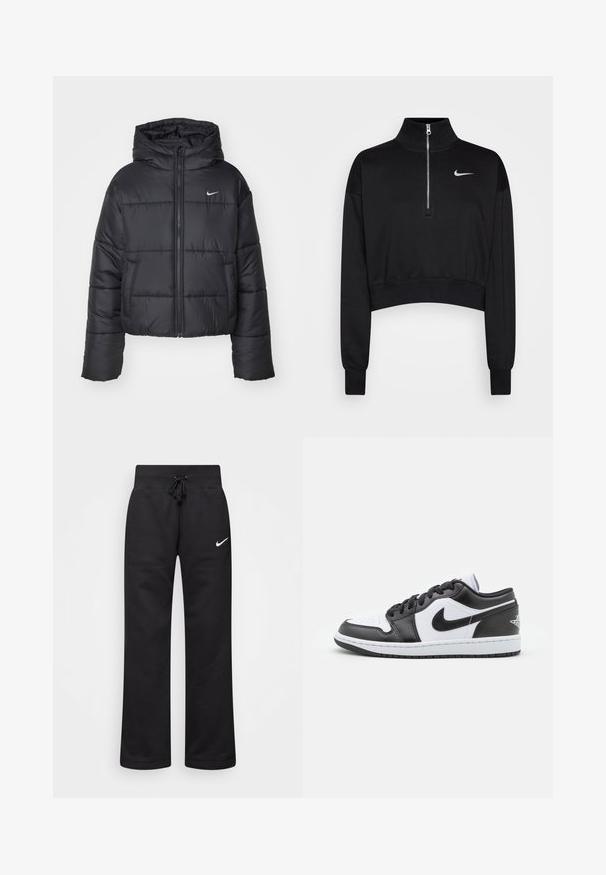 Veste matelassée noire en nylon, avec fermeture éclair sur le devant, capuche et deux poches avant. Le design comprend des sections cousues et un petit logo.; Sweatshirt noir court avec un col haut, fermeture à moitié zippée, poignets en côte et un petit logo Nike blanc sur la poitrine gauche. Texture de tissu doux.; Pantalons de survêtement noirs en mélange de coton, dotés d'une taille élastique avec cordon de serrage, de jambes droites et d'un logo Nike blanc sur le côté gauche.; Des baskets basses Nike en noir et blanc présentent un cuir lisse sur le dessus, un bout rond, un système de laçage et une semelle extérieure en caoutchouc à motifs.