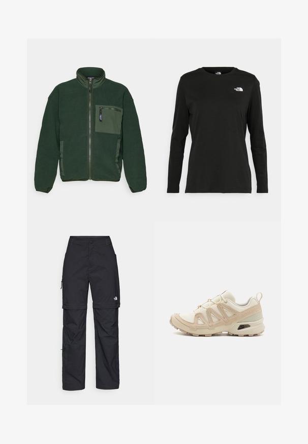 Zelená fleecová bunda s vysokým golierom, predným zipsom a vreckom na ľavej hrudi. Obsahuje bočné vrecká a kontrastné textilné akcenty.; Čierne tričko s dlhým rukávom vyrobené z bavlny s okrúhlym výstrihom. Obsahuje malé biele logo na ľavej strane hrudníka. Jednoduchý dizajn a strih.; Čierne nylonové cargo nohavice s odnímateľnými nohavicami, nastaviteľnými manžetami, viacerými vreckami a logom na pravej nohe. Hladká, ľahká textúra.; Beige a krémová športová obuv s textúrovaným sieťovým zvrškom, podporujúcimi prekrytiami a gumovou podrážkou s dezénom pre trakciu.