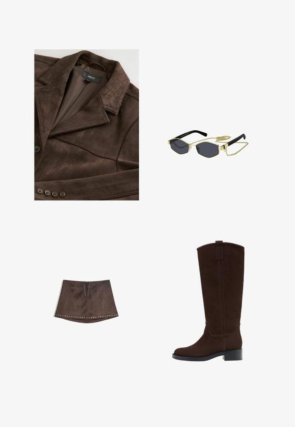 Braune Wildlederjacke mit Reverskragen, Ein-Knopf-Verschluss und glatter Innenauskleidung. Verfügt über fünf Knopfakzente entlang der Vorderseite.; Weißer Spitzen-Schal mit asymmetrischem Design, das ein strukturiertes Muster, weichen Stoff und einen fließenden Fall auf einer Seite bietet.; Brauner Kunstwildleder-Minirock mit Vorderseite und Schnürdetails sowie silbernen Nieten am Saum. Glatte Textur, A-Linie und kurze Länge.; Braune Wildleder-Stiefel bis zum Knie mit runder Fußspitze, dezenten Nähten und einem niedrigen Blockabsatz; verfügen über eine Zuglasche oben für einfaches Anziehen.; Achtkantige Sonnenbrille mit dunklen Gläsern, goldenen Metallakzenten und schwarzen Kunststoffbügeln; inklusive einer abnehmbaren goldenen Kette.