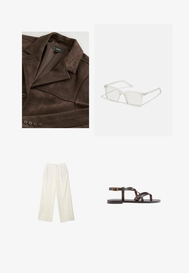 Giacca in suede marrone con colletto a punta, chiusura con un bottone e fodera interna morbida. Presenta cinque dettagli a bottone sul davanti.; Top bianco senza maniche con scollo a V, caratterizzato da spalline nere e un dettaglio ad anello argentato. Tessuto liscio e design moderno e minimalista.; Pantaloni a gamba larga in tessuto crema con una texture liscia, caratterizzati da un singolo bottone frontale, pieghe sottili e un design a vita alta.; Sandal in pelle marrone con cinturini incrociati, chiusura con cinturino alla caviglia e suola piatta con dettagli di cucitura minimi.; Occhiali da sole quadrati in plastica trasparente con lenti traslucide, caratterizzati da dettagli in oro sulle tempie.