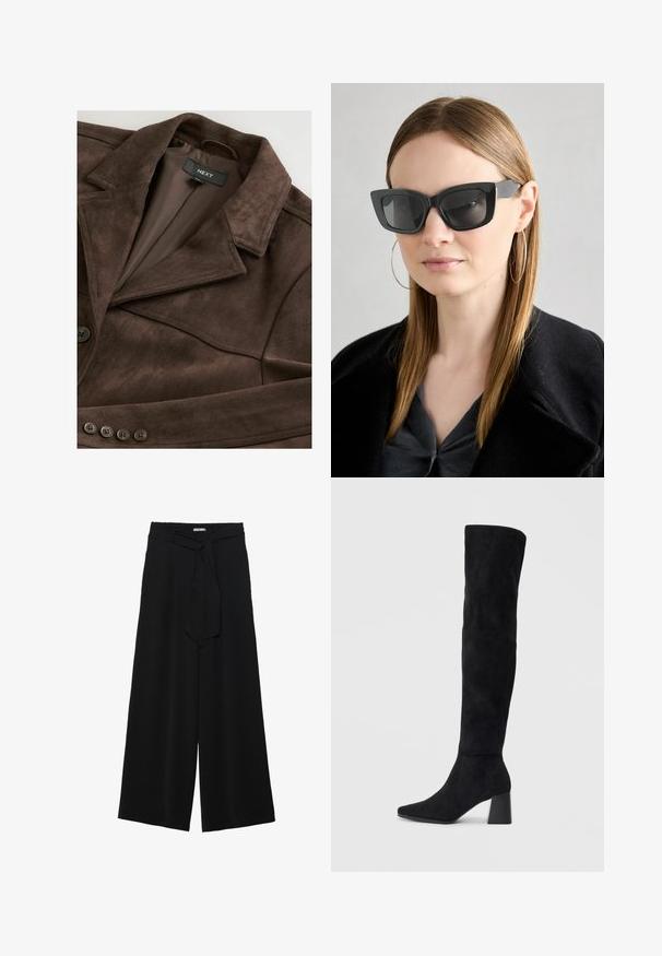 Giacca in suede marrone con colletto a punta, chiusura con un bottone e fodera interna morbida. Presenta cinque dettagli a bottone sul davanti.; Top nero a maniche lunghe con dettaglio di tessuto arricciato sul davanti e ai polsi, realizzato in materiale morbido ed elasticizzato con scollatura a barca.; Pantaloni neri a gamba larga caratterizzati da un tessuto testurizzato, una vita elastica e una cintura staccabile per una vestibilità regolabile.; Stivale in suede nero alto fino al ginocchio con tacco a blocco, punta affusolata e design liscio e senza cuciture su uno sfondo chiaro e semplice.; Occhiali da sole a forma di occhio di gatto neri con lenti scure, montatura spessa e dettagli sottili. Indossati con un cappotto nero e una maglia grigia, con capelli lunghi e lisci.