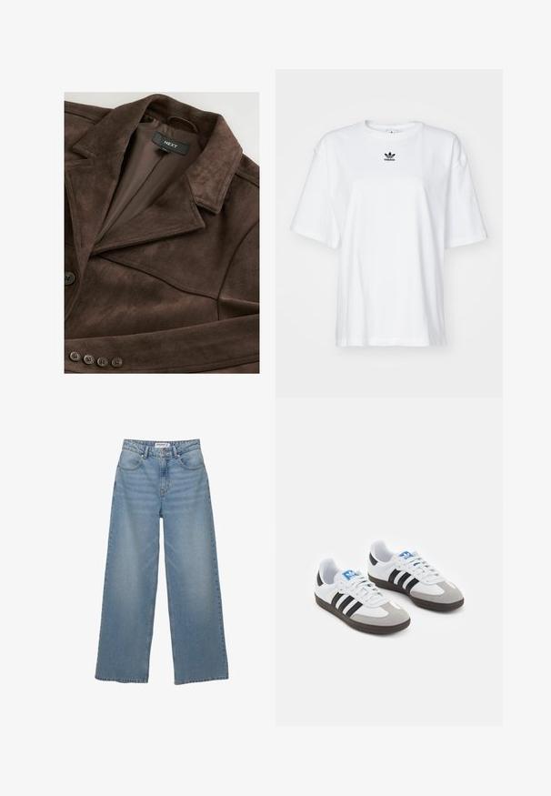 Braune Wildlederjacke mit Reverskragen, Ein-Knopf-Verschluss und glatter Innenauskleidung. Verfügt über fünf Knopfakzente entlang der Vorderseite.; Weißes T-Shirt mit kurzen Ärmeln aus Baumwolle. Verfügt über einen Rundhalsausschnitt und ein kleines schwarzes Adidas-Logo auf der Brust. Gerader Saum.; Helle blaue weit geschnittene Jeans aus Denim. Merkmale sind eine hohe Taille, fünf Taschen und ein gerader Schnitt mit minimaler Ausbleichung.; Sportschuhe mit einem Obermaterial aus weißem Leder, grauer Wildleder-Zehenkappe und drei schwarzen Streifen. Sie verfügen über ein blaues Logo auf der Zunge und eine strukturierte Gummisohle.